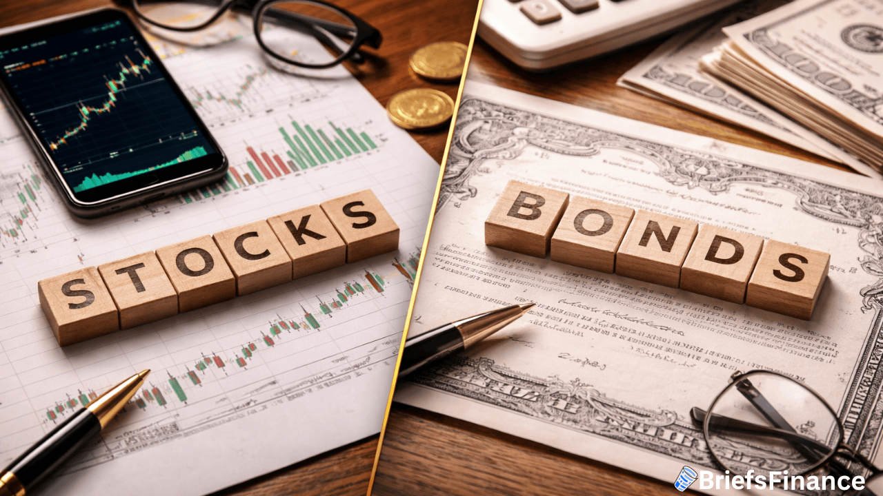 A split image with "STOCKS" on charts and a smartphone graph on one side, and "BONDS" on a certificate with coins and a pen on the other, illustrating investment options.