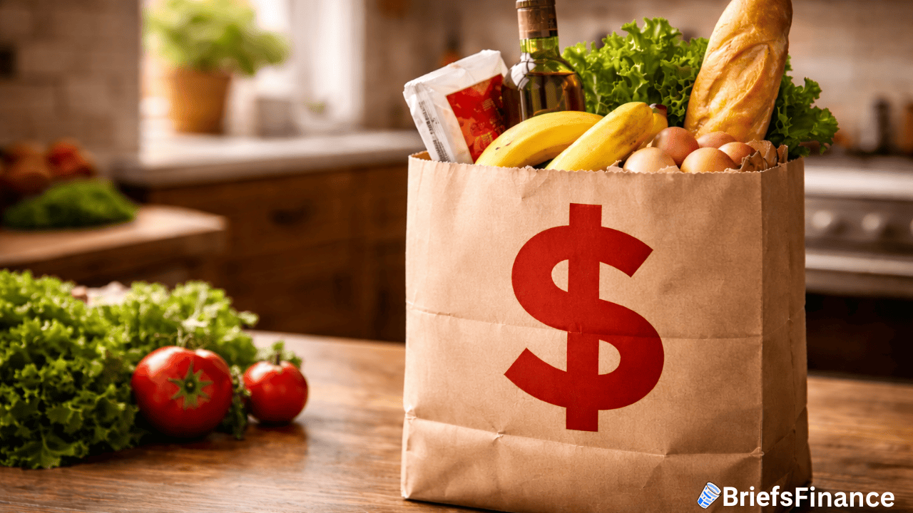 A grocery bag with a red dollar sign contains bread, lettuce, bananas, eggs, wine, and packaged foods on a kitchen counter—highlighting the tariff costs Americans face daily. "BriefsFinance" logo appears in the corner.