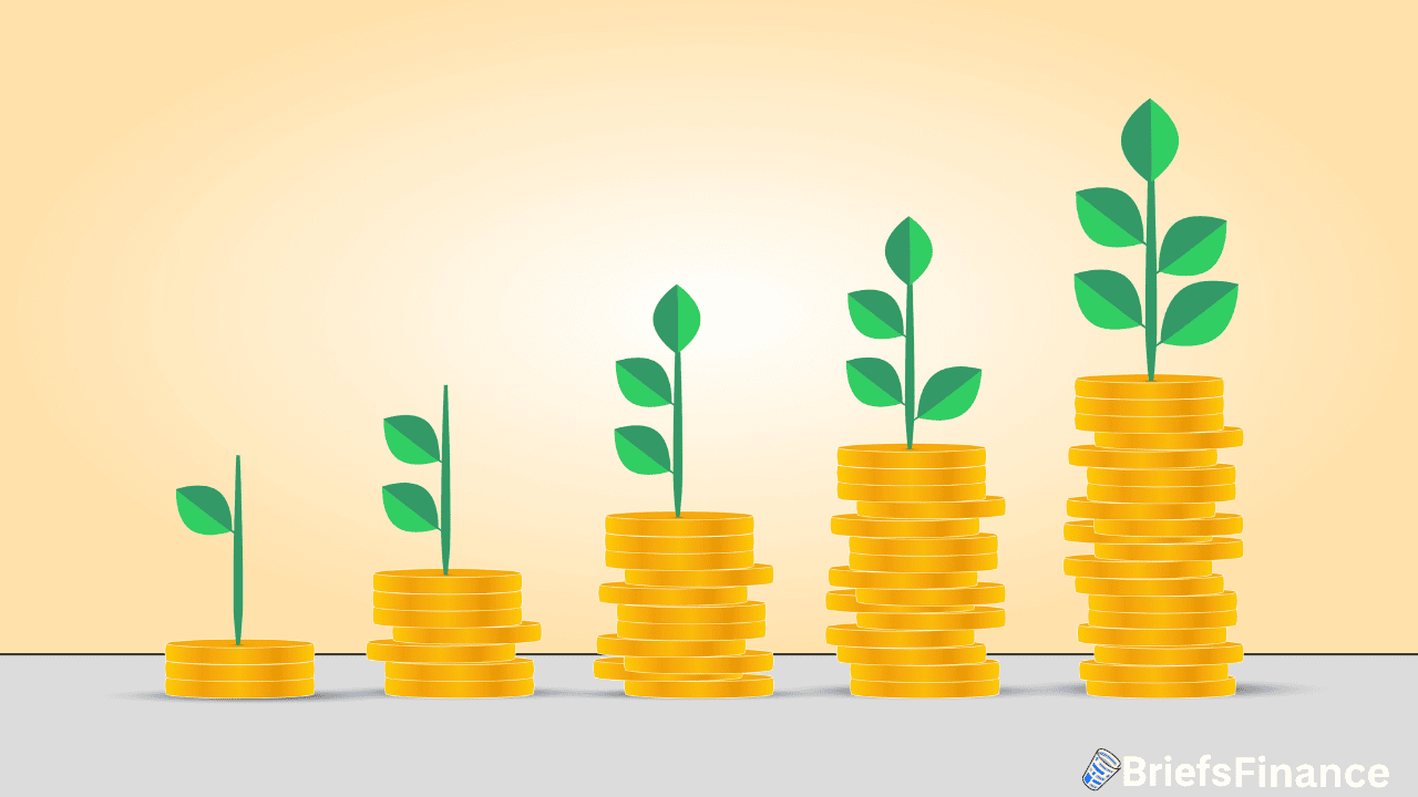 Stacks of gold coins arranged in ascending order, each topped with a growing green plant, symbolizing financial growth; "BriefsFinance" logo at the bottom right.