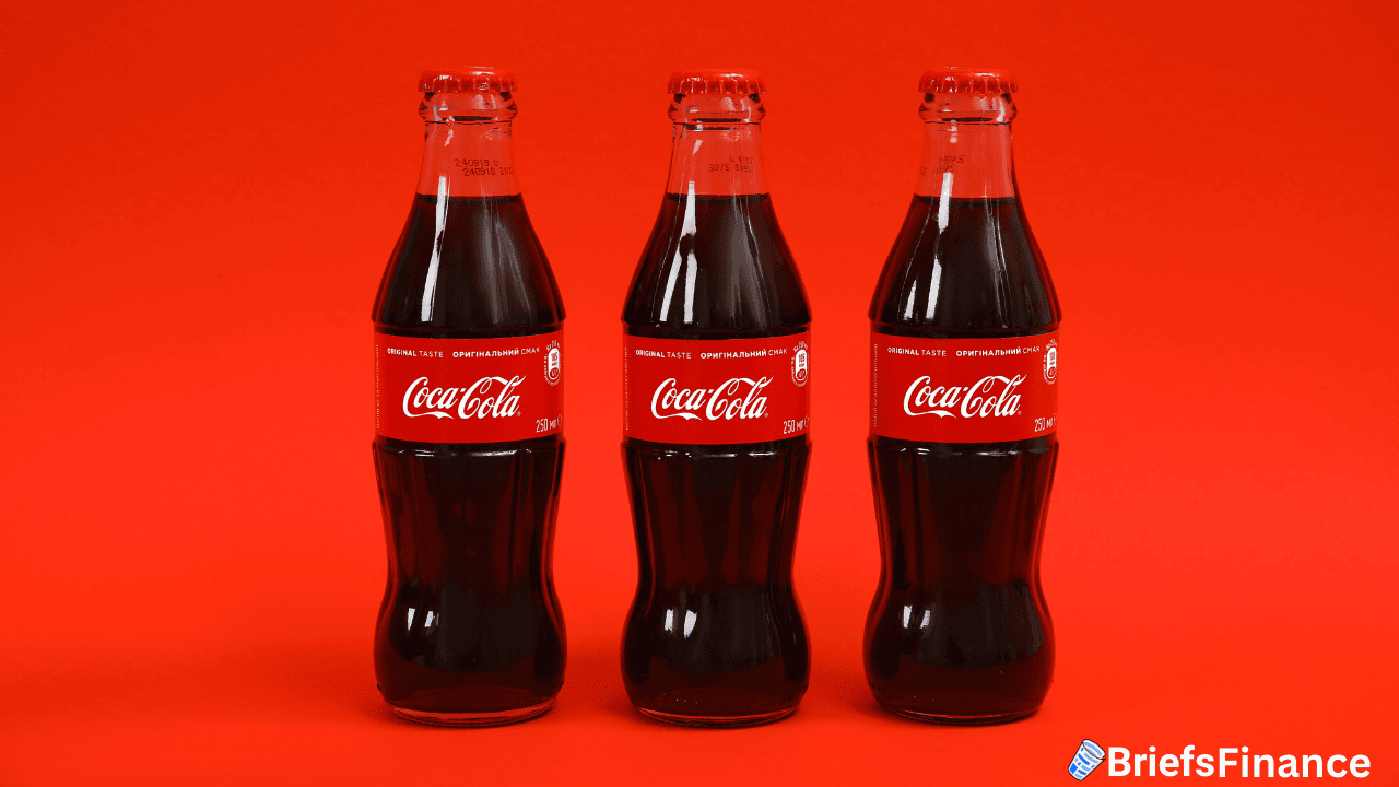 Three glass Coca-Cola bottles with red labels are standing upright side by side on a solid red background.