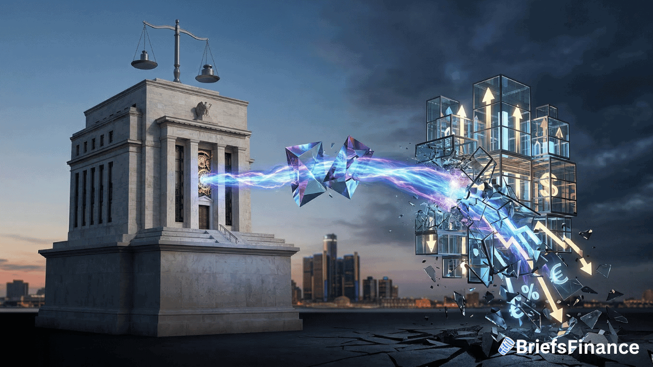 A traditional bank building connects to a digital structure via a glowing stream, symbolizing the transition from Wall Street finance to digital currencies and fintech.