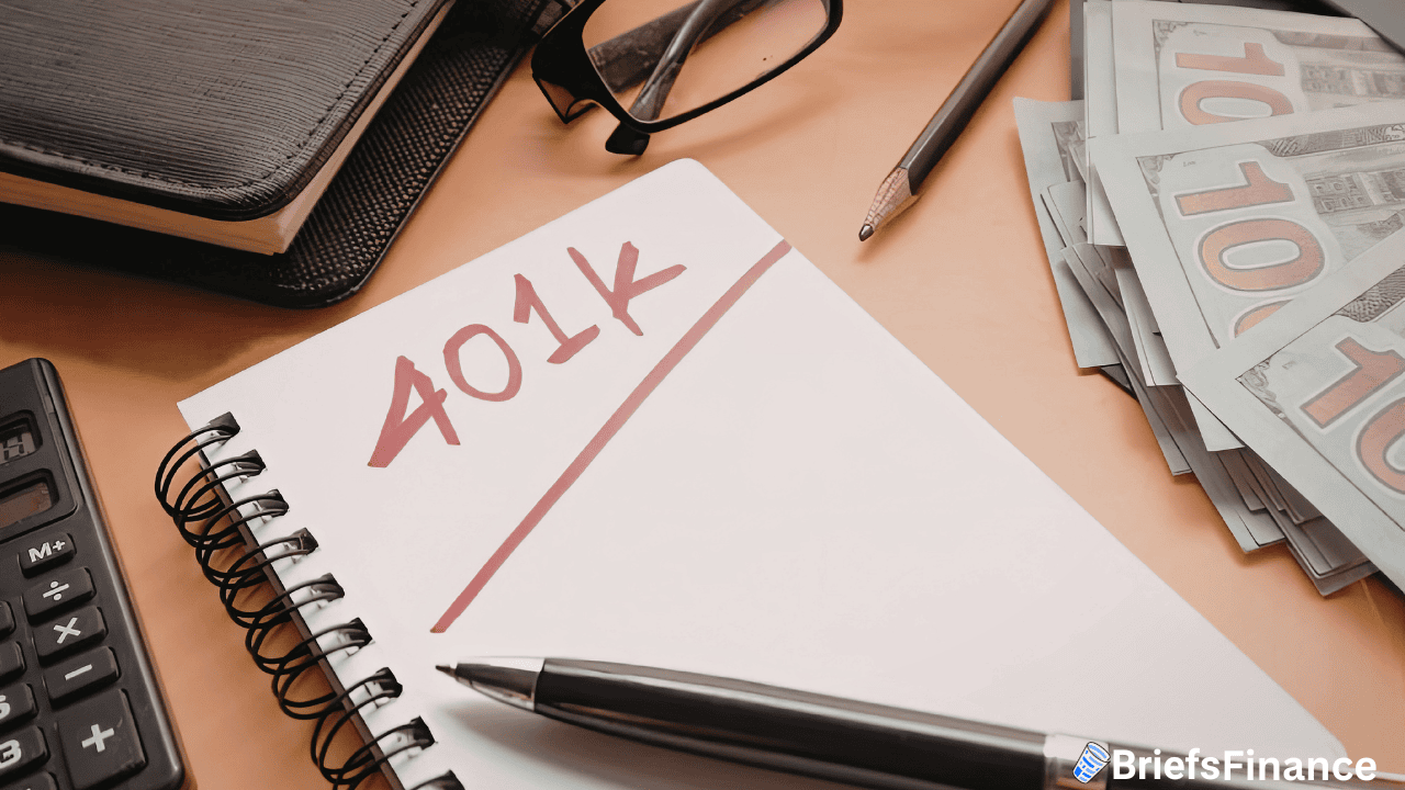 A notebook with "401k" written on it, surrounded by a calculator, pen, glasses, money, and another notebook on a desk.