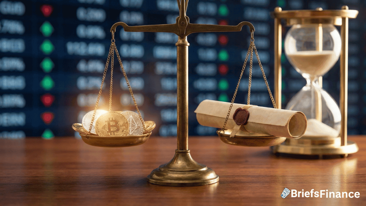 A balance scale with cryptocurrency coins on one side and a sealed scroll, symbolizing a crypto bill, on the other, an hourglass in the background, and a stock market screen—hinting at Crypto Markets—displayed behind them.