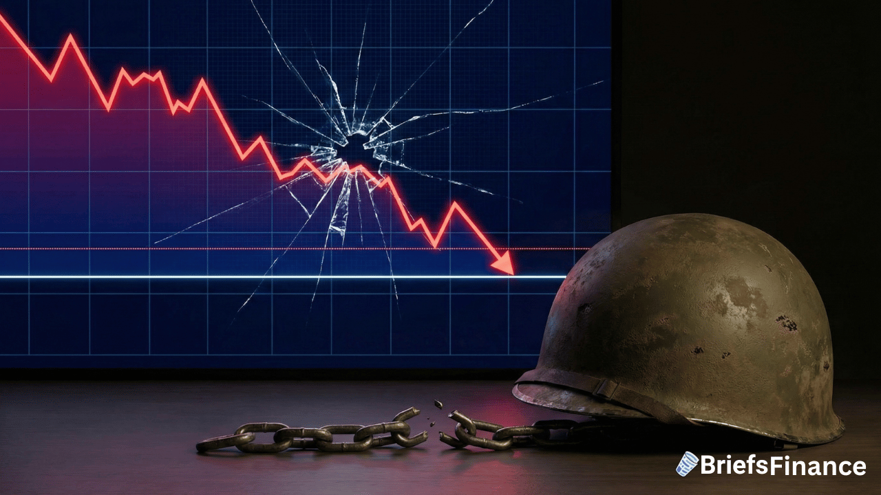 A downward financial graph with a cracked screen, a metal helmet, and broken chains in the foreground; BriefsFinance logo in the corner.
