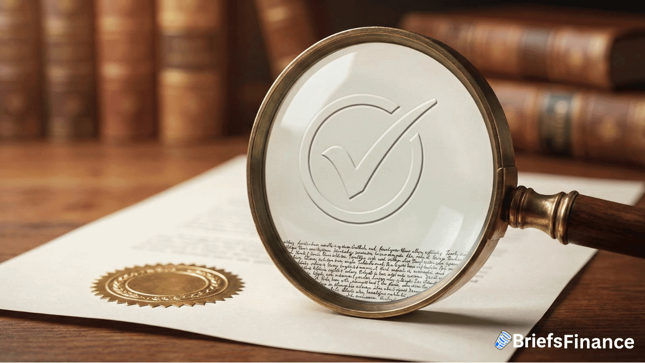 A magnifying glass with a check mark symbol focuses on a legal document with an embossed seal—referencing key economic data; books are visible in the background. "BriefsFinance" logo appears in the corner.