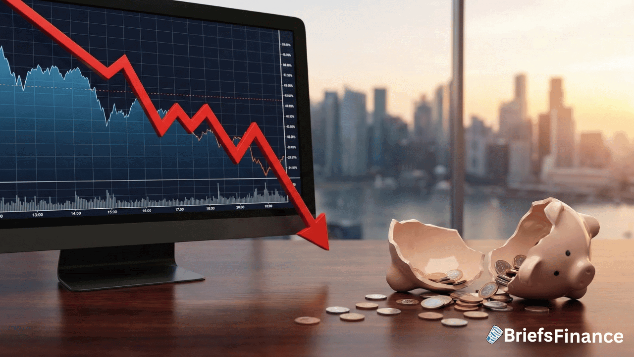 A computer screen shows a stock market graph with a sharp decline, capturing one of the worst days in stock market history; a broken piggy bank and scattered coins lie on the desk, with a city skyline in the background.