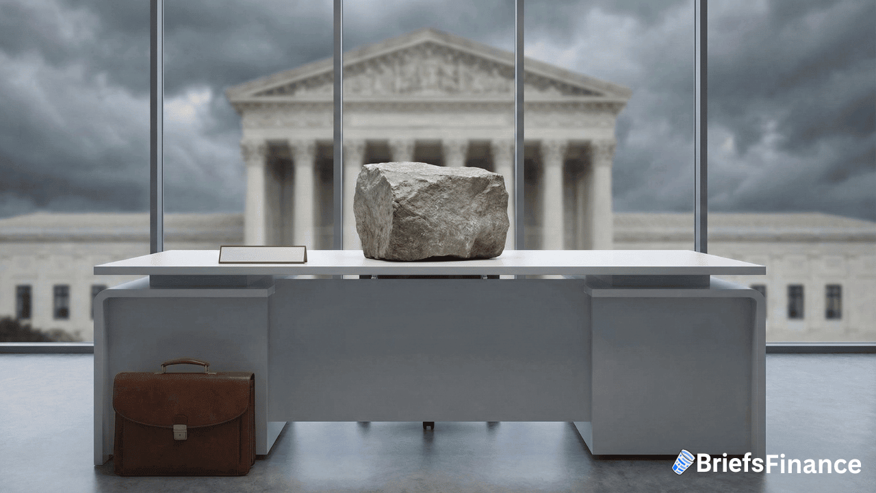 A large rock sits on a modern office desk in front of a window overlooking a government building, with a briefcase on the floor and the BriefsFinance logo in the corner.