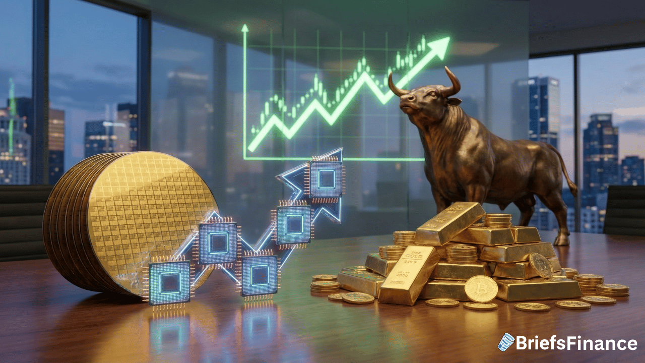Gold bars, Bitcoin coins, and digital chips sit on a table with a bull statue; a rising stock chart is displayed over a cityscape background.