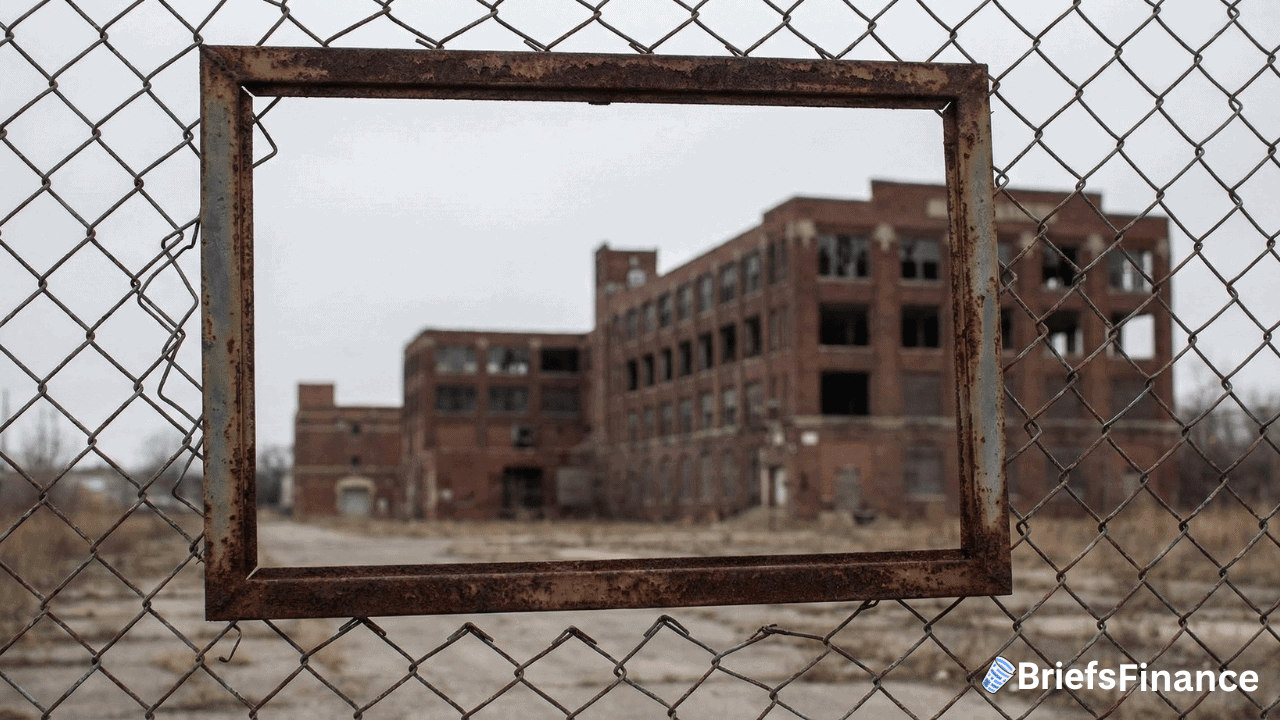 A rusted metal frame hangs on a chain-link fence, centering the view of an abandoned, deteriorating brick building in the background.