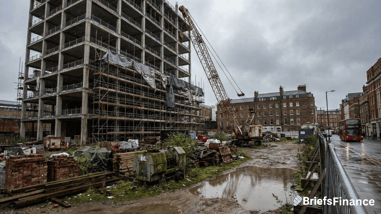 A partially constructed building stands beside a muddy, debris-strewn lot with a crane, under a cloudy sky in an urban area.