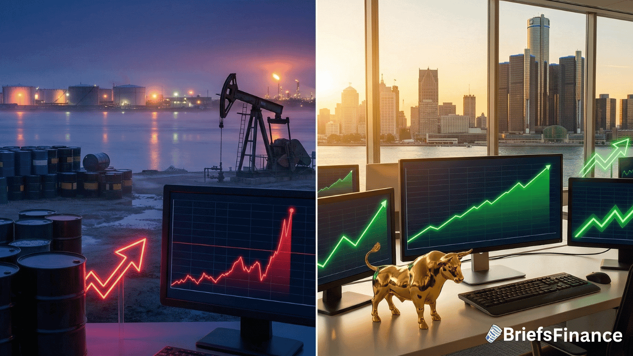 Split image: left shows an oil rig and barrels at dusk with $120 marked, rising stock graphs in the background; right shows an office with bull statues, monitors displaying upward trends in oil stocks, and a city skyline.