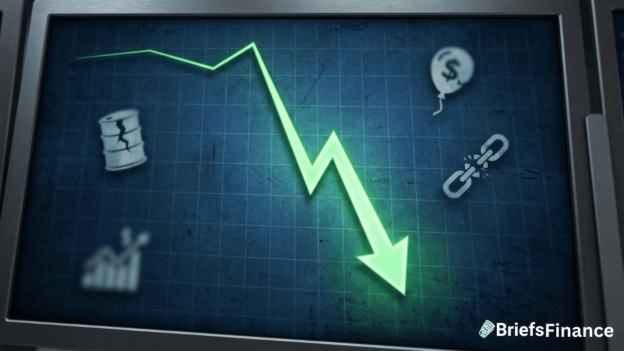 A green downward arrow on a digital screen indicates a financial decline, with icons of oil, inflation, and weak links in the background, highlighting the recent oil price drop.