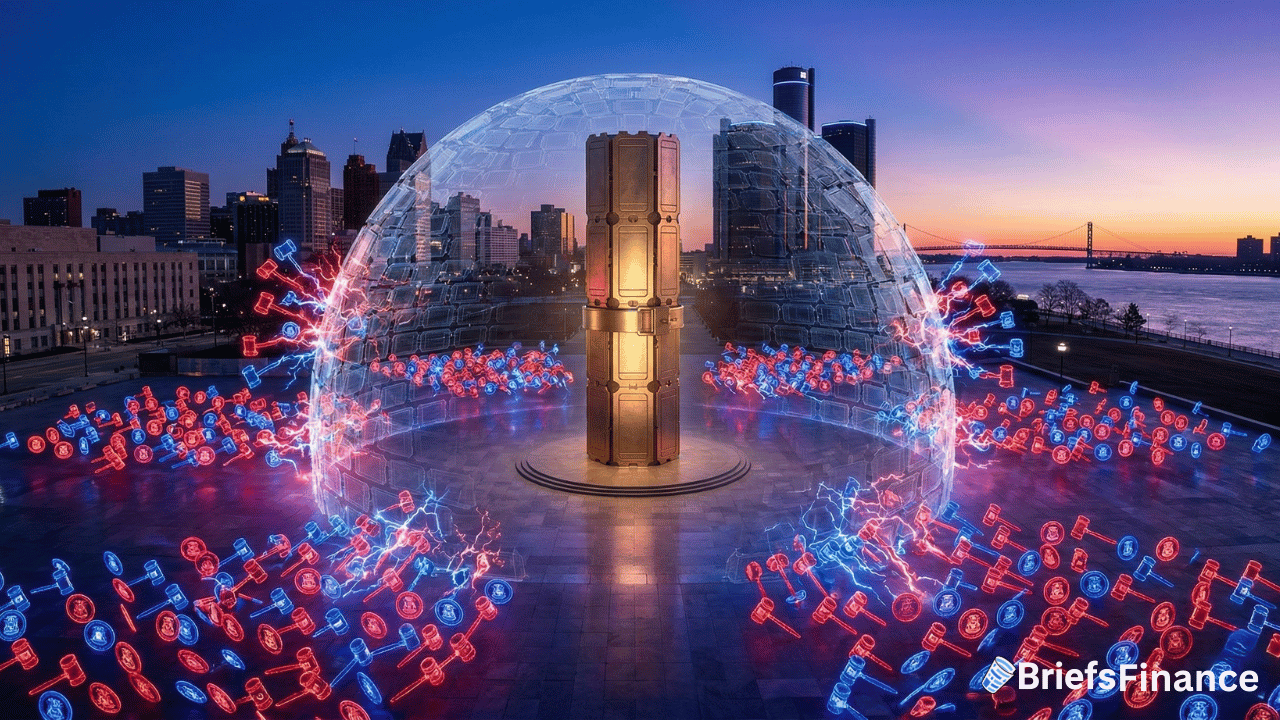 A large digital vault is protected by a transparent dome in a city plaza, deflecting glowing red and blue digital antitrust symbols. Briefs Finance logo is in the bottom right corner.