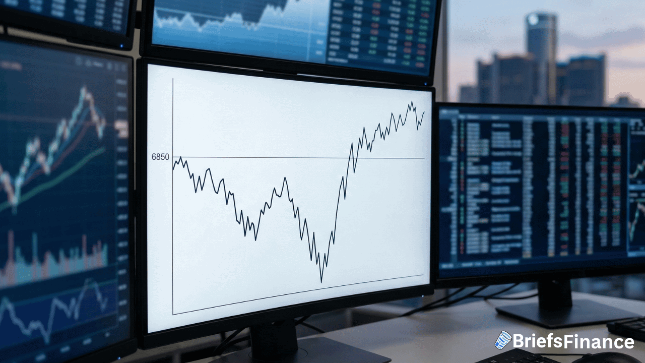 Computer monitors display financial charts and S&P 500 stock market data in an office setting, with the BriefsFinance logo visible in the lower right corner.