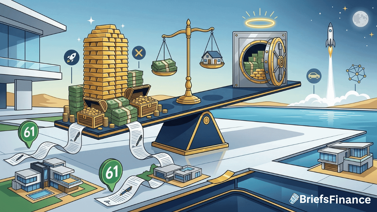 An oversized balance scale with gold, cash, and real estate—valued at $61 million—contrasts with a haloed vault; luxury homes below show "61" signs. The "BriefsFinance" logo sits at the bottom right.