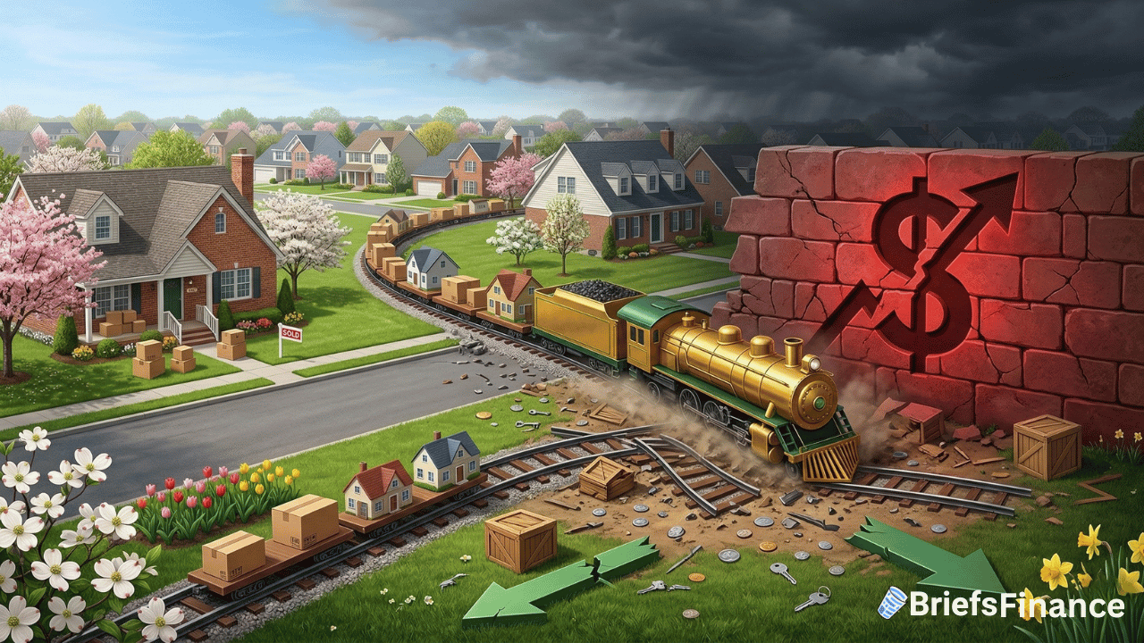 A gold train crashes through a brick wall with a red dollar sign, scattering boxes in a suburban neighborhood under stormy skies—arrows on tracks hint at diverging paths in the spring housing market.