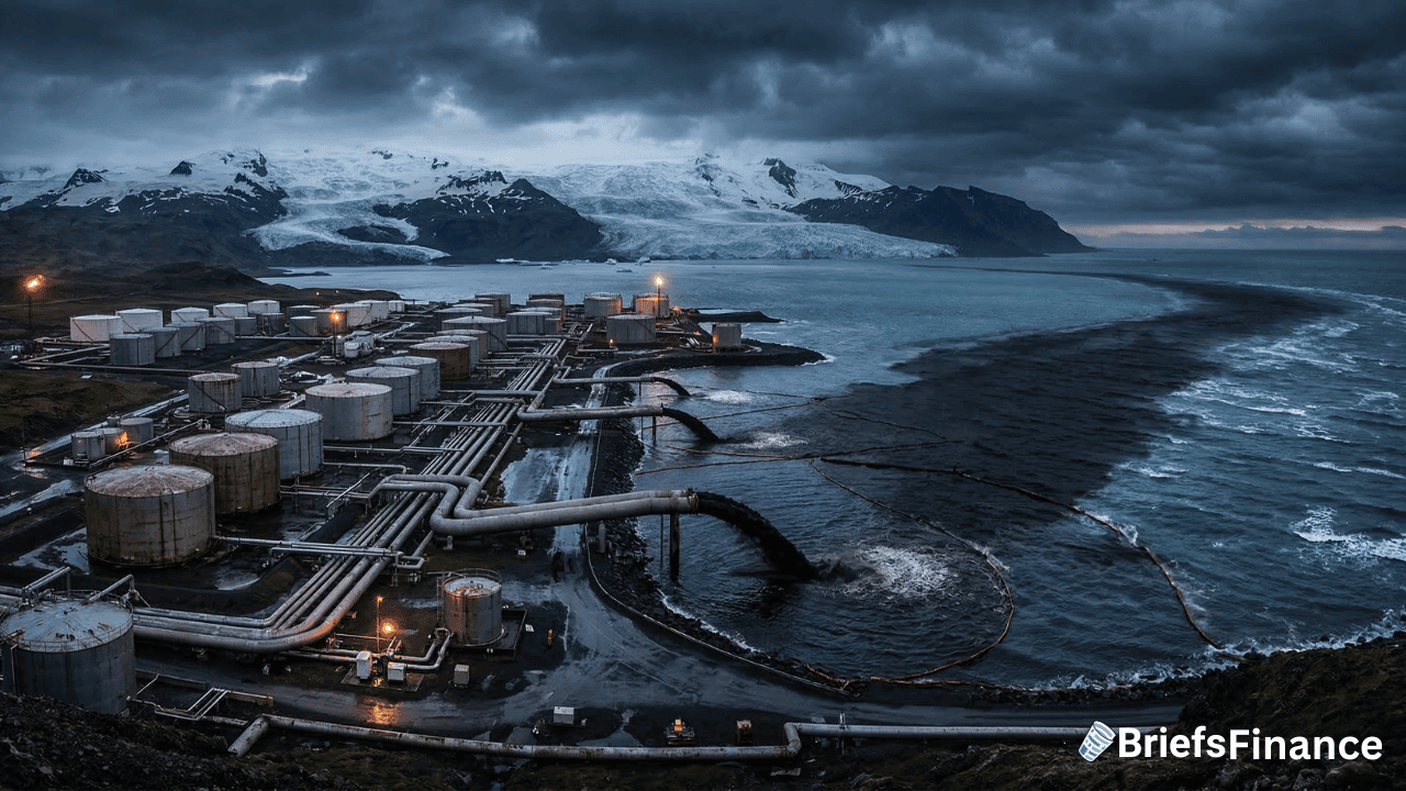A coastal industrial facility with large storage tanks and pipelines, designed for emergency oil release, sits beside dark water, with mountains and glaciers in the background under a cloudy sky.