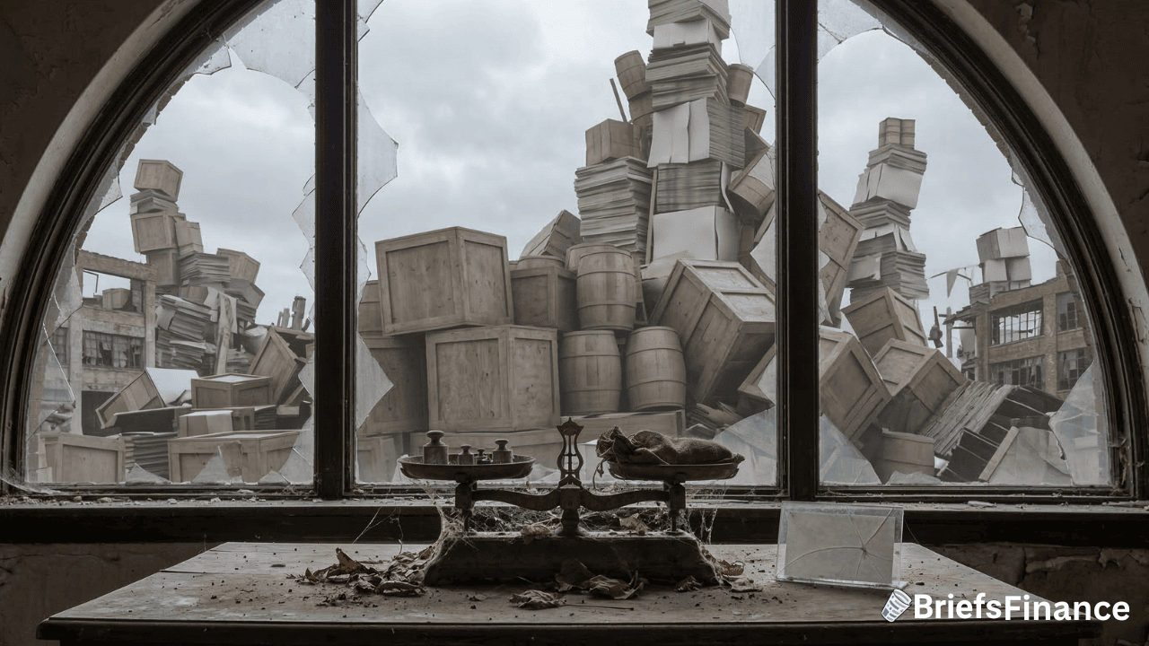 A broken window overlooks a large pile of crates and papers outside, with an old, dusty scale—echoes of economic history—amid scattered debris on the windowsill.