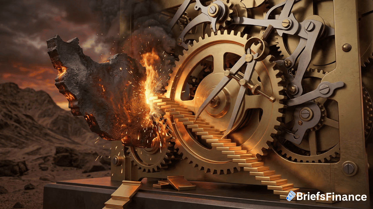 A large burning rock collides with the gears of a golden mechanical clock in a desert landscape, symbolizing the economic impact. A staircase leads towards the impact. BriefsFinance logo is in the corner.