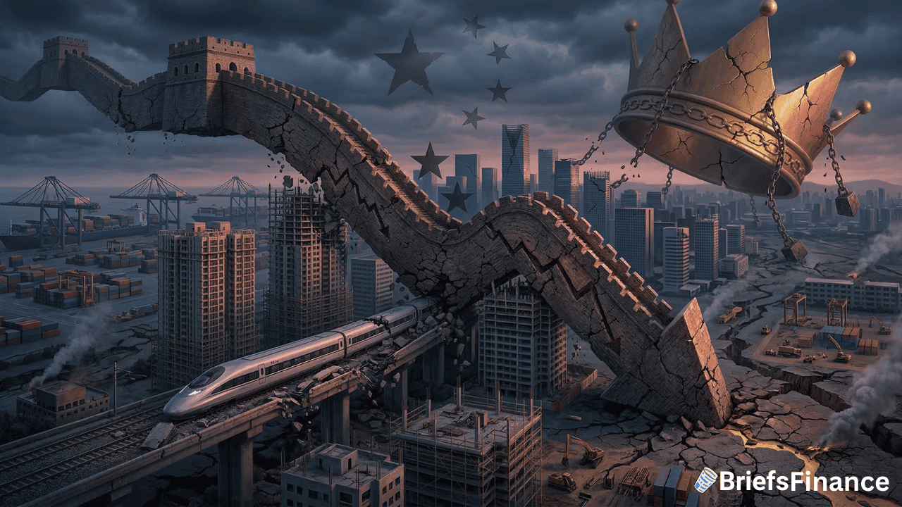 A high-speed train travels under a broken Great Wall and euro symbol, with a falling crown above a city and shipping port; the BriefsFinance logo is in the corner.