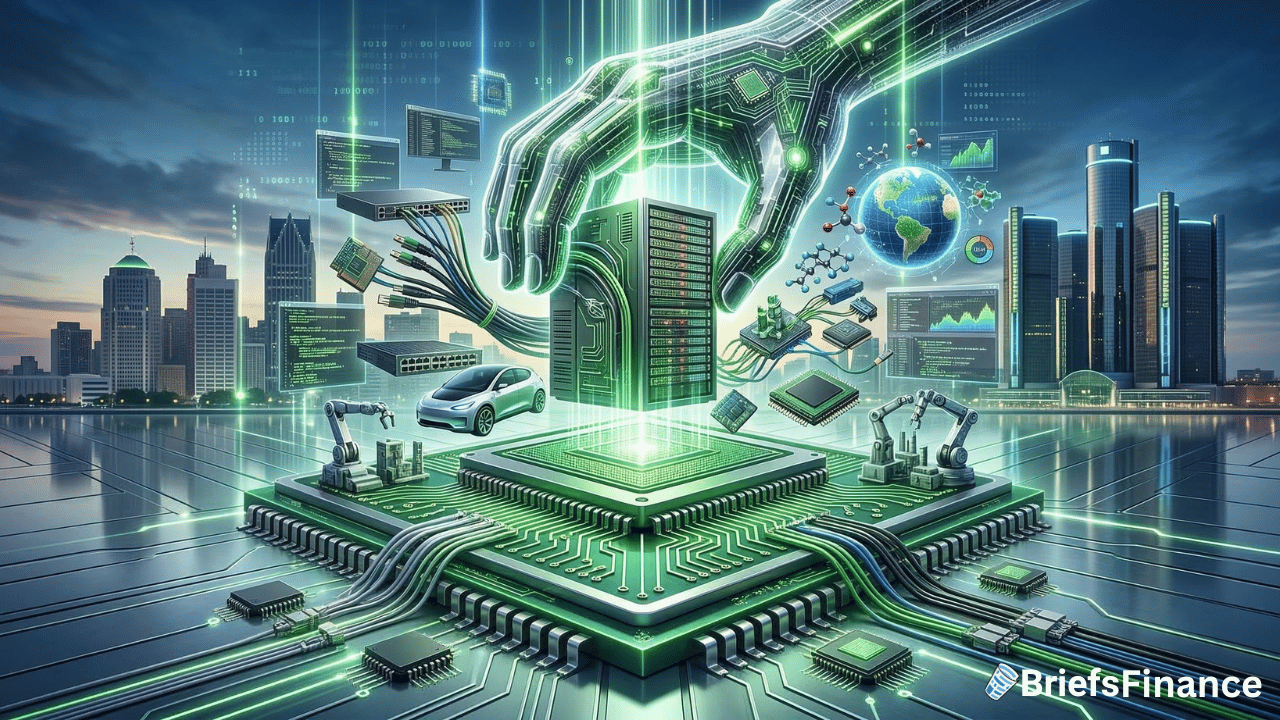 A robotic hand interacts with a glowing server atop Nvidia chips, surrounded by digital finance icons, circuit boards, cars, and a city skyline—capturing the dynamic tech ecosystem. BriefsFinance logo in the corner.
