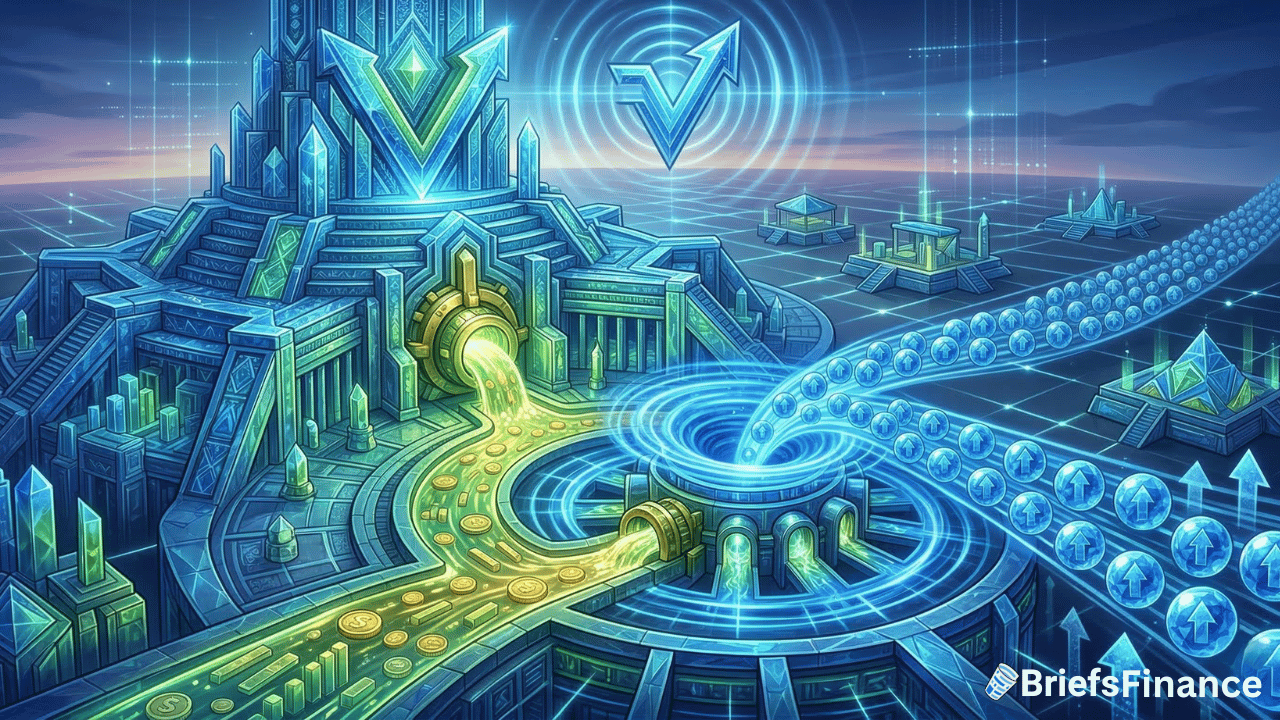 Futuristic digital artwork of a structure processing Ripple coins and tokens, with abstract data streams and financial symbols hinting at $50 Billion managed by early investors, all marked with the BriefsFinance logo.