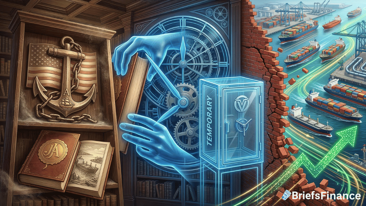 A digital illustration showing a clock, 100-year-old books with nautical themes, a temporary safe, and cargo ships at a port, with an upward green arrow symbolizing growth in trade or finance—hinting at trends in shipping law.