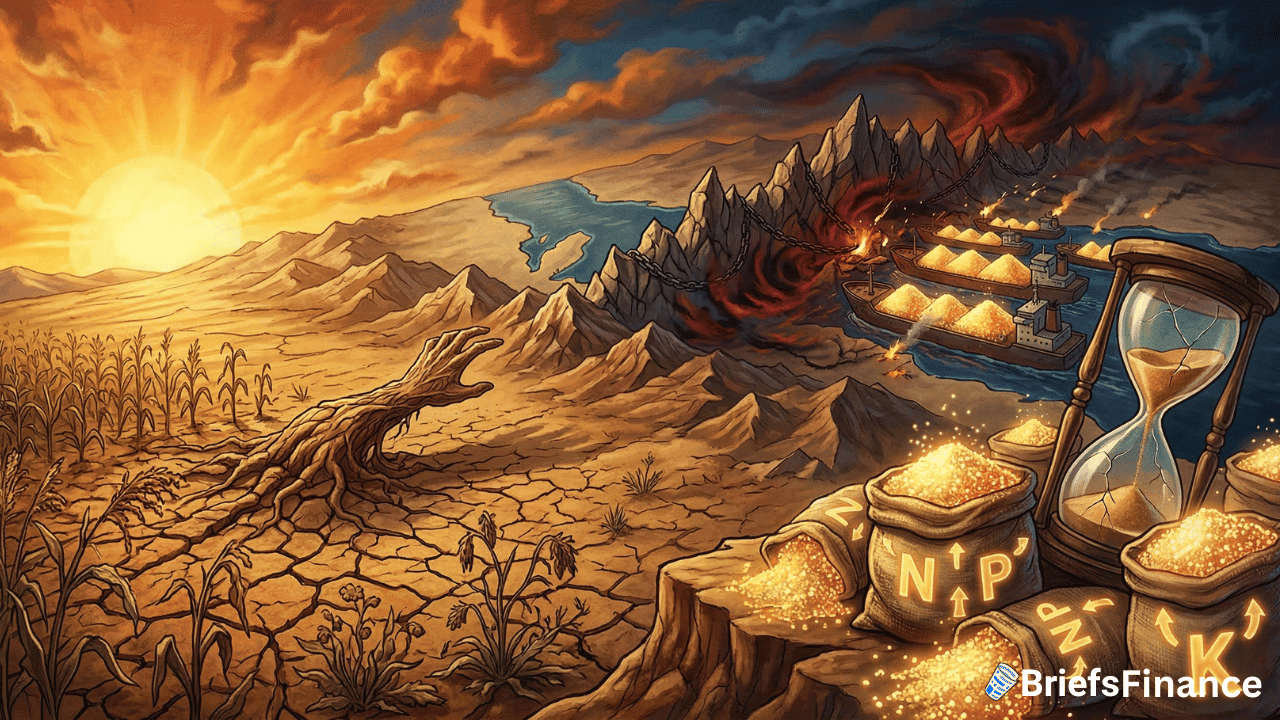 A barren, cracked field under a bright sun, wilted crops, farmers beside bags labeled N, P, K spilling golden grains of fertilizer, an hourglass ticking down, and a distant mining facility near mountains by a river.