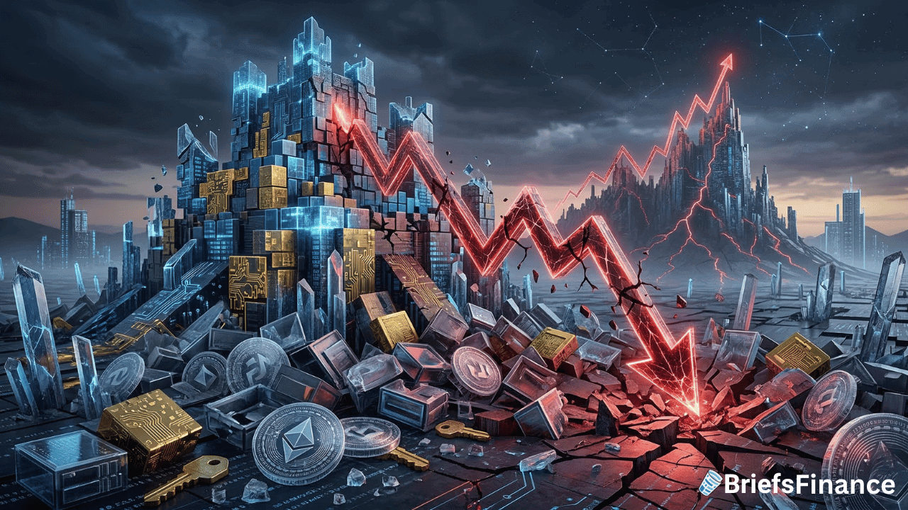 A digital illustration of collapsing cryptocurrency symbols, including Bitcoin, and a red downward trend arrow, representing a sharp decline in crypto and stocks market value.
