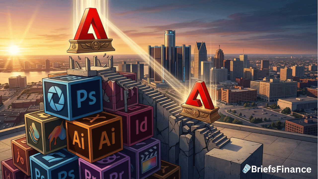 A pyramid of Adobe app icons stands before a stairway leading to two Adobe logos under spotlights, set against a city skyline at sunrise, hinting at recent Adobe earnings, with a BriefsFinance logo in the corner.