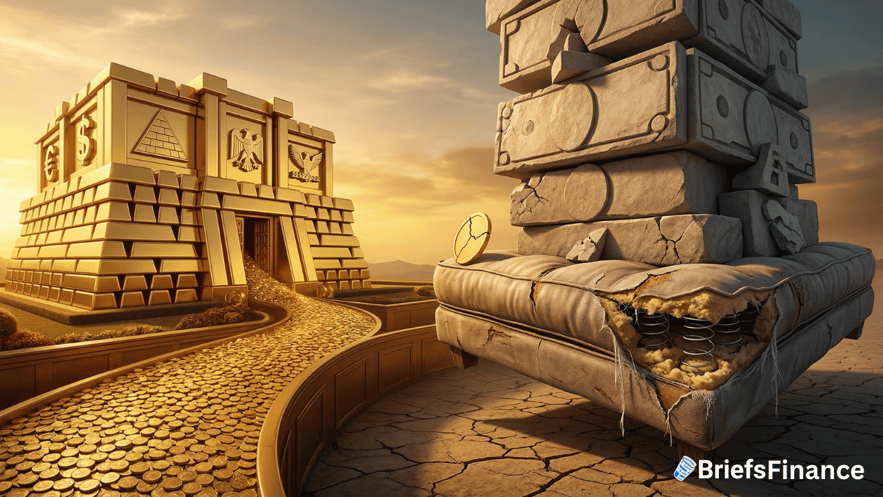 A golden path made of coins leads to a grand temple, while a worn stone mattress with exposed springs sits in the foreground—symbolizing Dollar General customers striving for value each quarter. "BriefsFinance" logo appears in the corner.