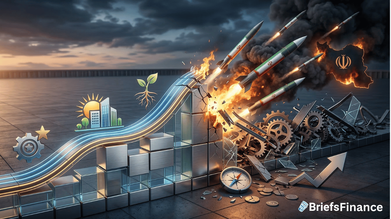 Digital illustration of a financial growth chart being destroyed by missiles, with news icons, economic and environmental symbols, gears, and an explosion hinting at Iran strikes; BriefsFinance logo in the corner.