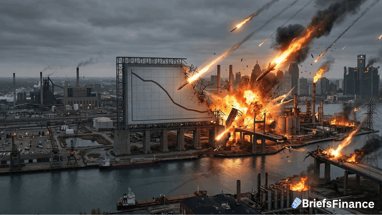 An industrial facility explodes as a large graph showing a steep decline is displayed on a screen, highlighting an economic slowdown amid the cityscape with smoke and debris.