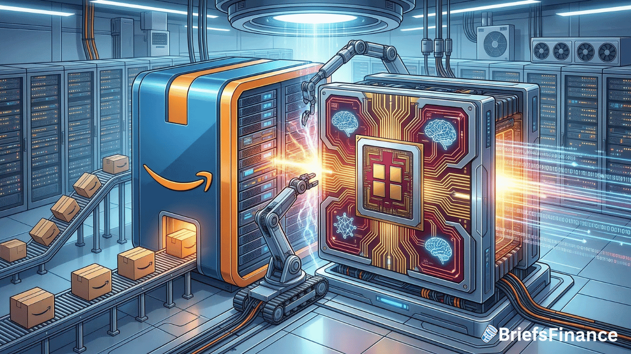 A robotic arm connects an Amazon server to an AI chip in a futuristic data center, symbolizing a powerful partnership. Digital data and packages move swiftly, with the BriefsFinance logo in the corner.