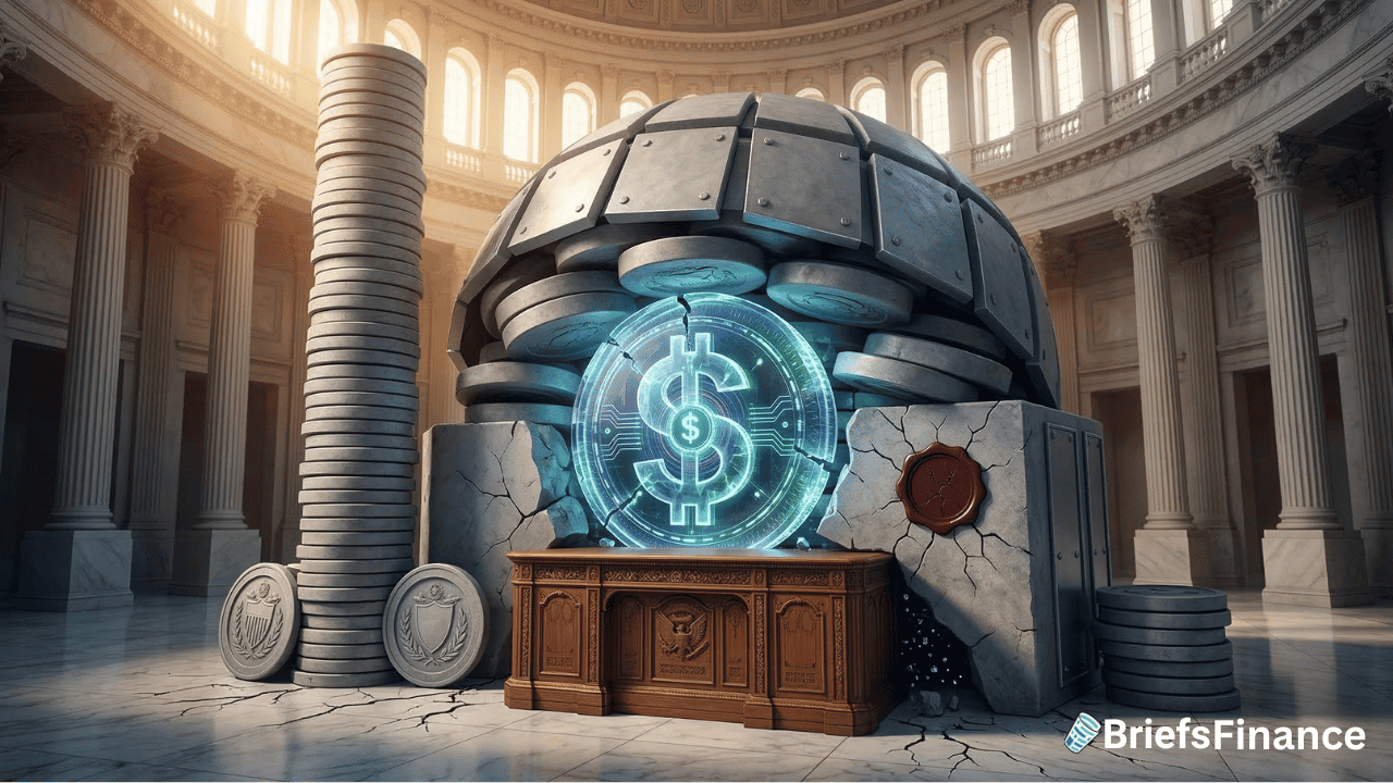 A digital dollar symbol glows on a vault door inside a grand, columned hall, surrounded by large coins and stacks, as the "BriefsFinance" logo sits in the corner—echoing debates around Congress Vote on the Digital Dollar.