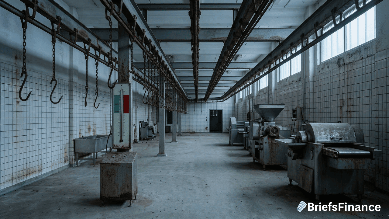Empty industrial slaughterhouse with hanging meat hooks, tiled walls, metal machinery, and dirty floors—an abandoned reminder of the meat industry, lit by natural light from high windows.