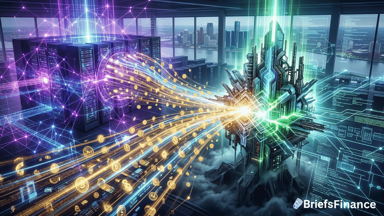 A futuristic server room with digital streams of data and cryptocurrency symbols flowing toward a glowing, high-tech Nebius structure, representing advanced financial technology.