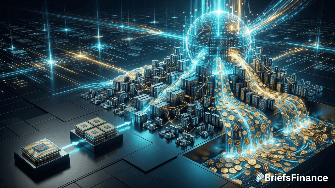 A digital cityscape with glowing blue and gold lines, coins flowing from a chip toward the city, symbolizing financial technology and a trillion dollar forecast. BriefsFinance logo in the corner, inspired by innovation leaders like Jensen Huang.