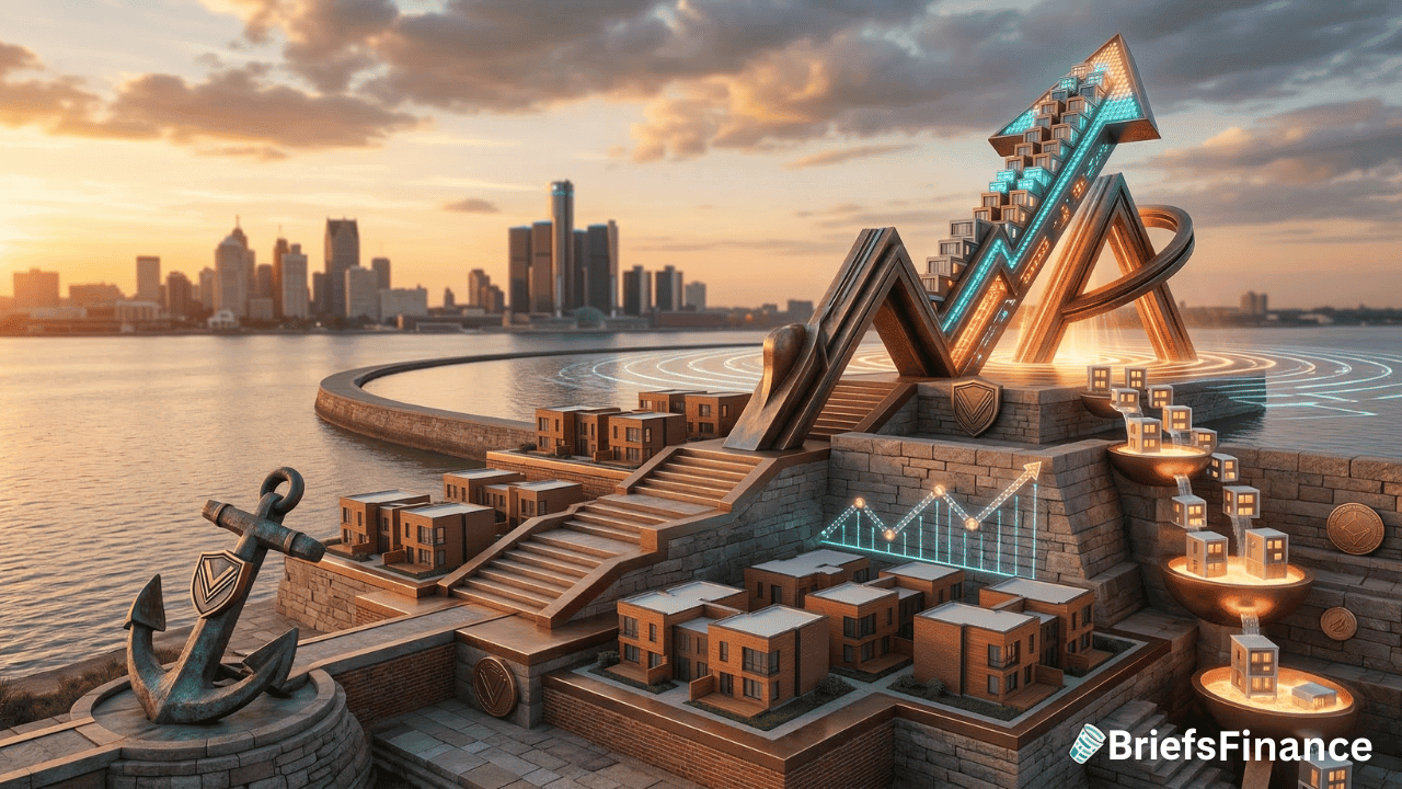 A stylized financial monument with charts, stairs, and an anchor near waterfront buildings, reflecting mortgage lending themes, with a city skyline in the background at sunset. BriefsFinance logo in corner.