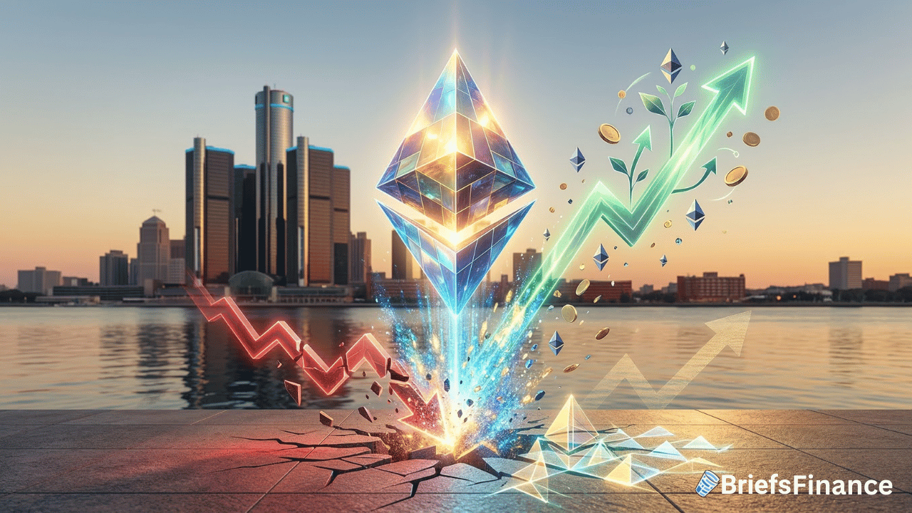 A large Ethereum symbol rises from cracked ground by a city skyline, with upward and downward arrows, plants, and coins, representing financial growth and volatility.