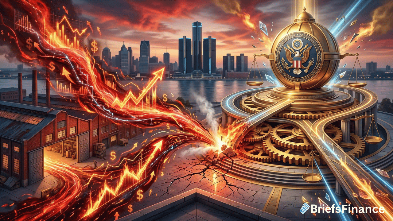 A large gold US seal rests on gears as red stock market arrows and dollar signs emerge from a factory, hinting at shifting wholesale prices, with a city skyline in the background at sunset.