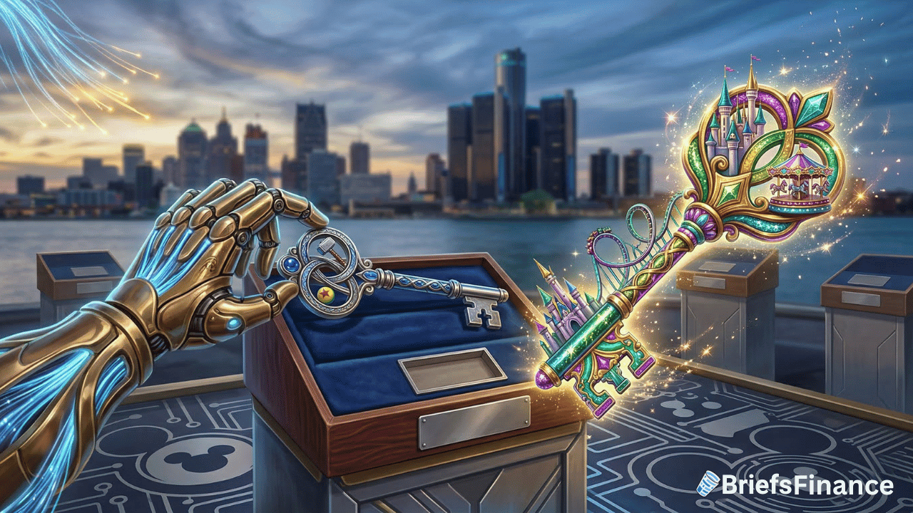 A robot hand exchanges a plain key for a colorful, ornate theme park key with amusement park imagery, set against a city skyline and river. The "BriefsFinance" logo appears in the corner.