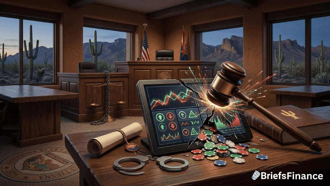 A judge’s gavel shatters a tablet displaying prediction market stock charts, surrounded by handcuffs, casino chips, and legal documents in a courtroom with Arizona’s desert scenery outside.
