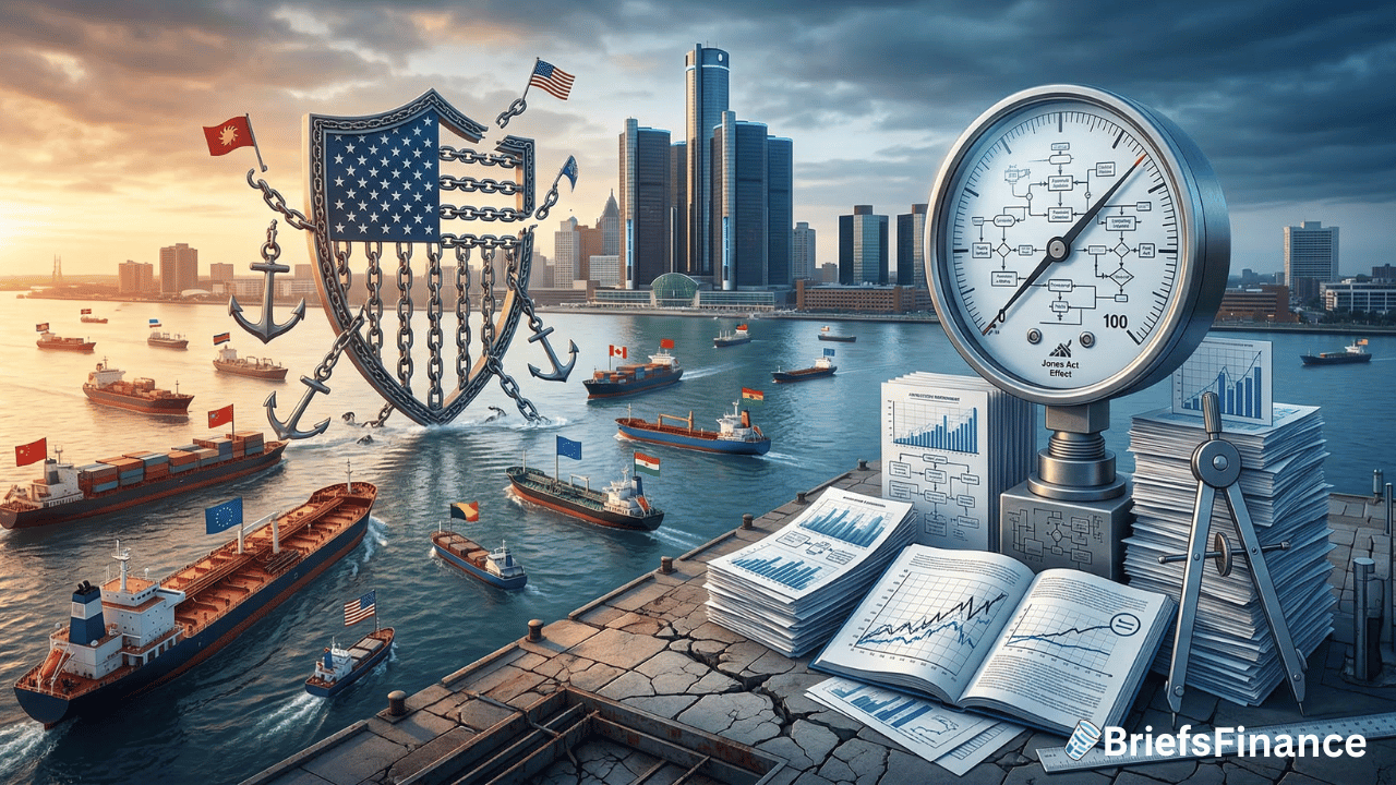 Several cargo ships sail near a city skyline, with a shield and swords displaying the US flag, financial charts, stacks of papers, and a large gauge in the foreground. "BriefsFinance" logo visible.
