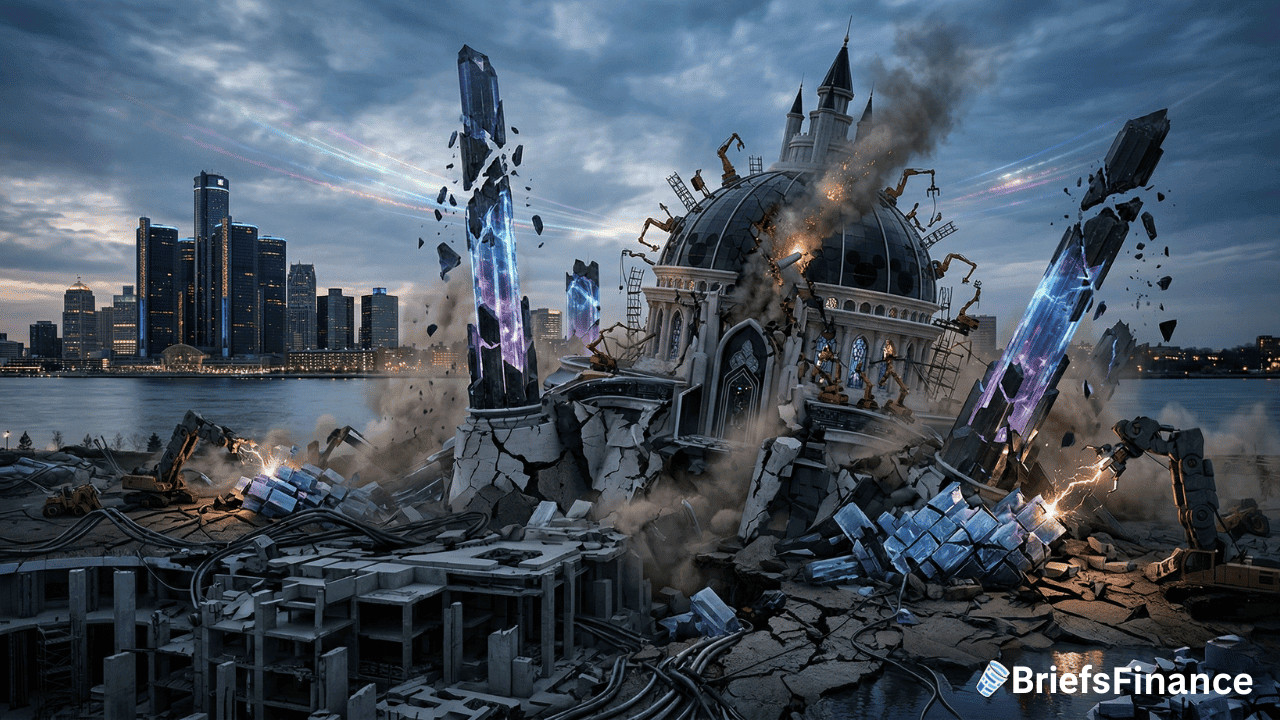 A domed building crumbles with crystal structures emerging from the ground, set against a city skyline and a river under a cloudy sky. BriefsFinance logo is visible in the corner.