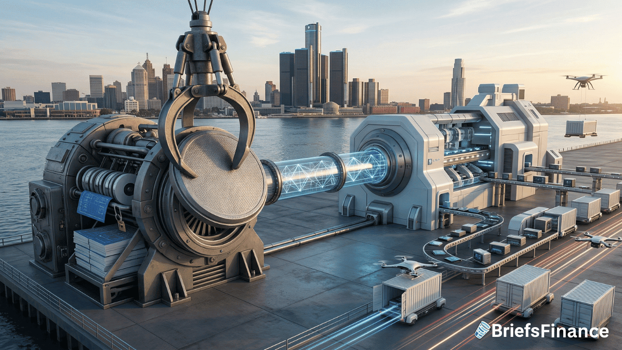 A futuristic waterfront facility uses advanced machinery to transfer energy or data between devices, with a city skyline in the background. "BriefsFinance" logo appears in the corner.