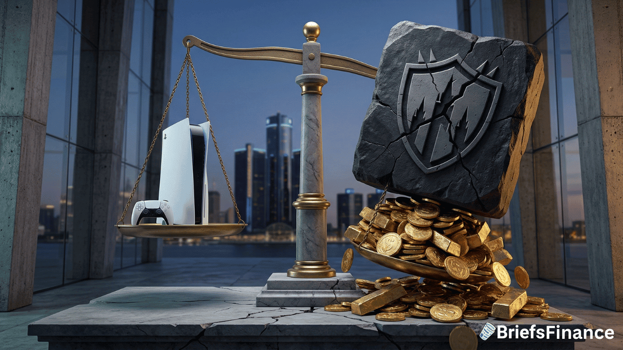 A scale with a PlayStation console and controller on one side and a shield-emblazoned stone block atop expensive gold coins on the other, set against a cityscape background.