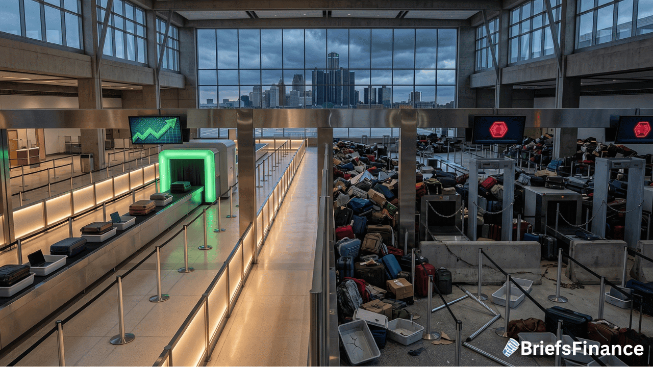 A split-screen of an airport security area highlights a two-tier system: one side shows an orderly security line with luggage and a green arrow, while the other side is chaotic with scattered bags and a red warning symbol.