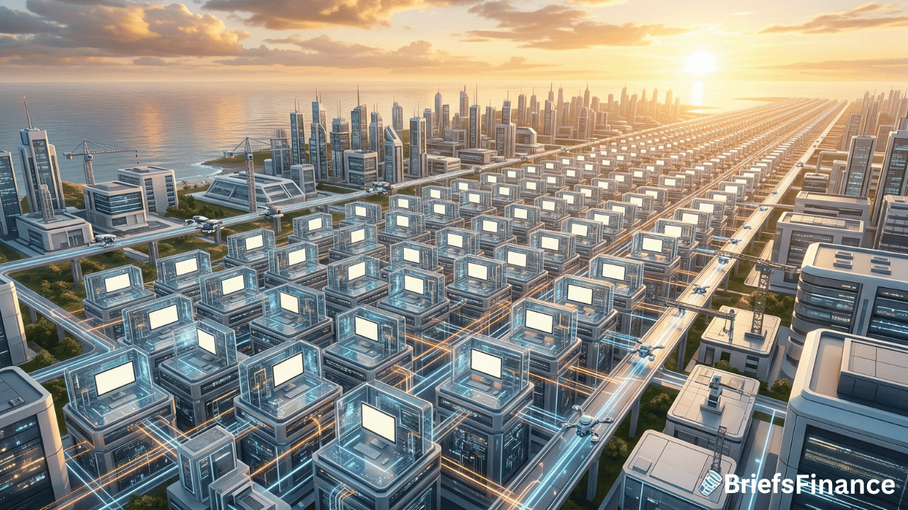 Rows of computer servers in glass enclosures line a futuristic cityscape at sunrise, symbolizing technology employment and the rise of new tech jobs as digital connections link the buildings.