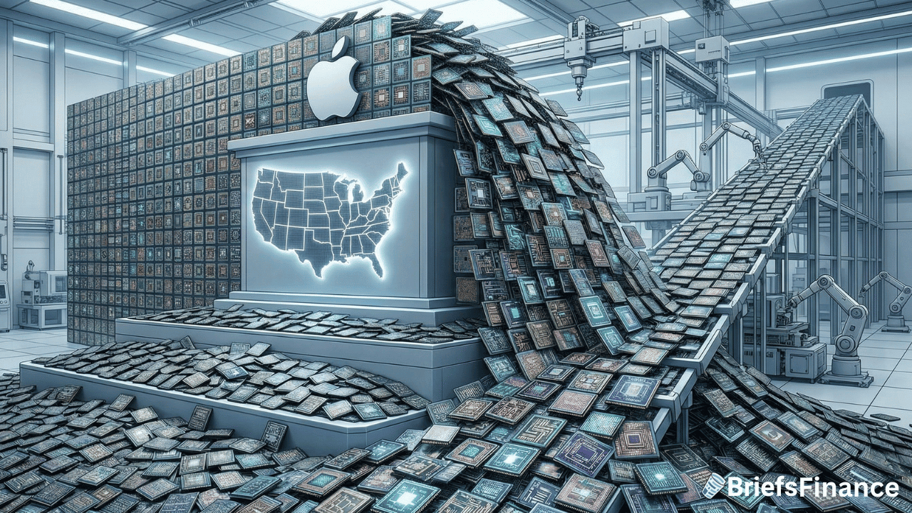 A factory with conveyor belts moving U.S.-Made Chips toward a pedestal featuring a US map and Apple logo; $20 billion worth of chips cover the floor and walls.